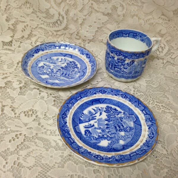 Antique, Rare, England, Blue Willow 3pc Trio Tea Set (4 Available)