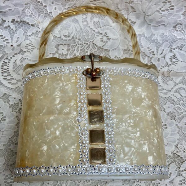 Vintage, 1950-60s Elegant Pearl White Lucite, Oval Boxy Hand Bag 9in x 6in x 5in