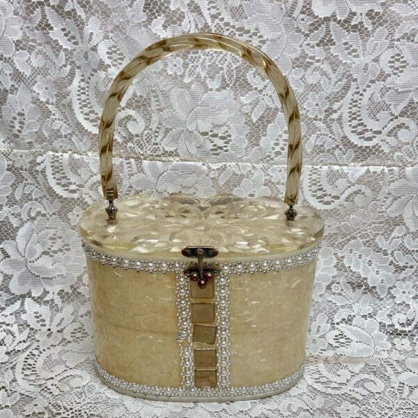 Vintage, 1950-60s Elegant Pearl White Lucite, Oval Boxy Hand Bag 9in x 6in x 5in