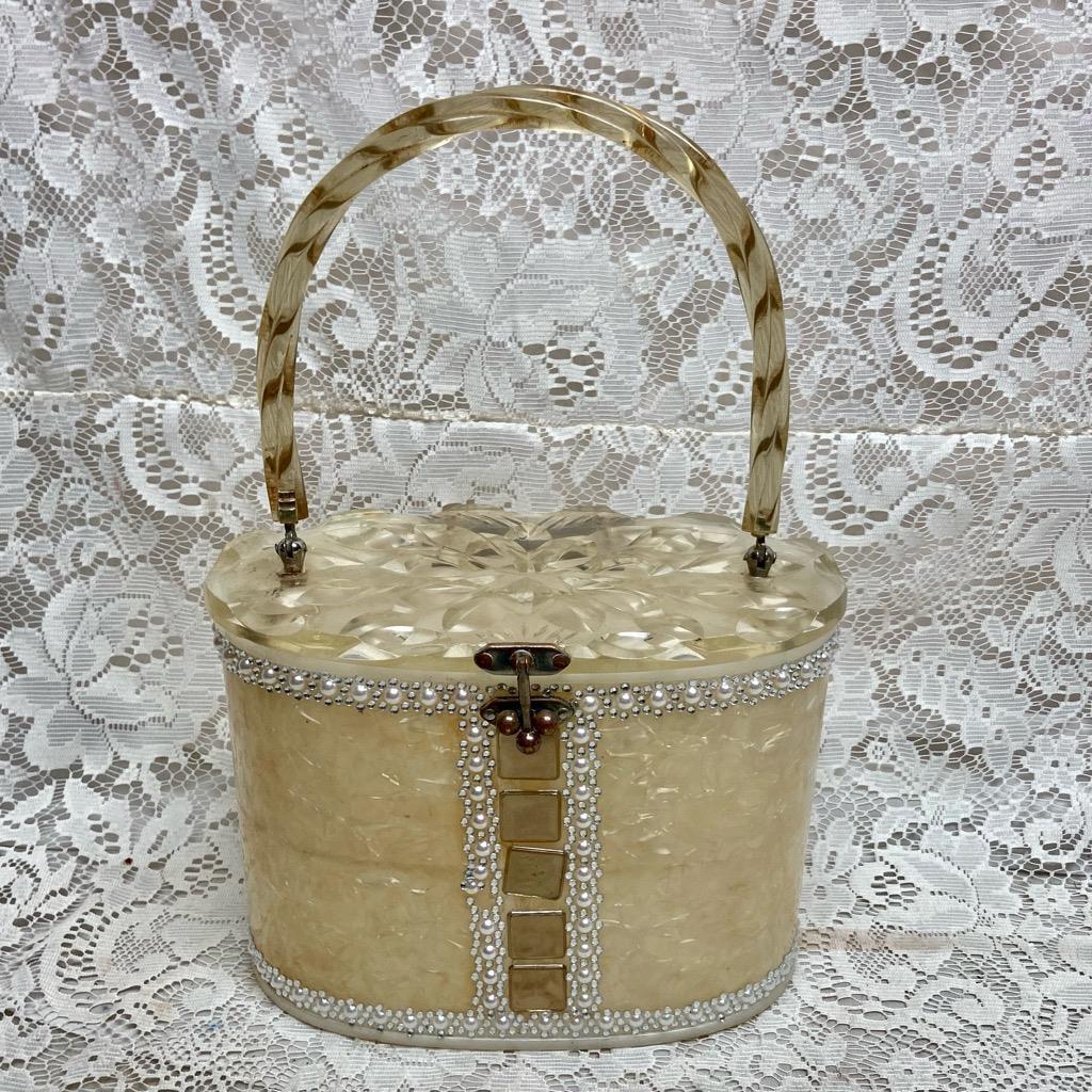 Vintage, 1950-60s Elegant Pearl White Lucite, Oval Boxy Hand Bag 9in x 6in x 5in