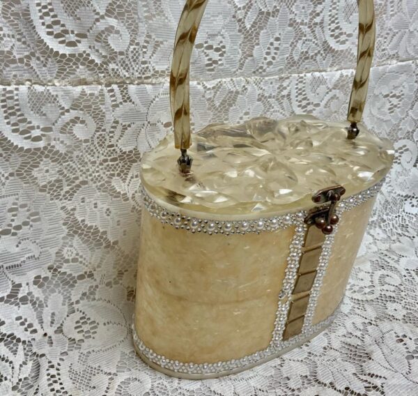 Vintage, 1950-60s Elegant Pearl White Lucite, Oval Boxy Hand Bag 9in x 6in x 5in