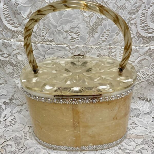 Vintage, 1950-60s Elegant Pearl White Lucite, Oval Boxy Hand Bag 9in x 6in x 5in