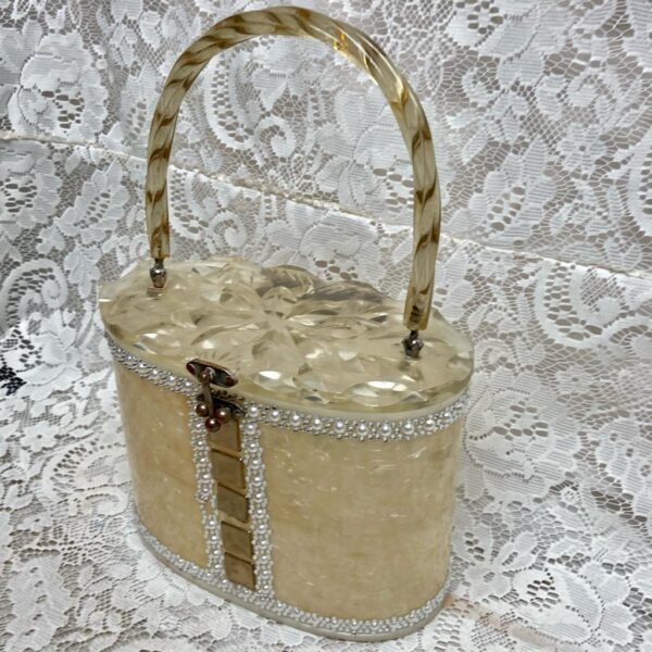 Vintage, 1950-60s Elegant Pearl White Lucite, Oval Boxy Hand Bag 9in x 6in x 5in