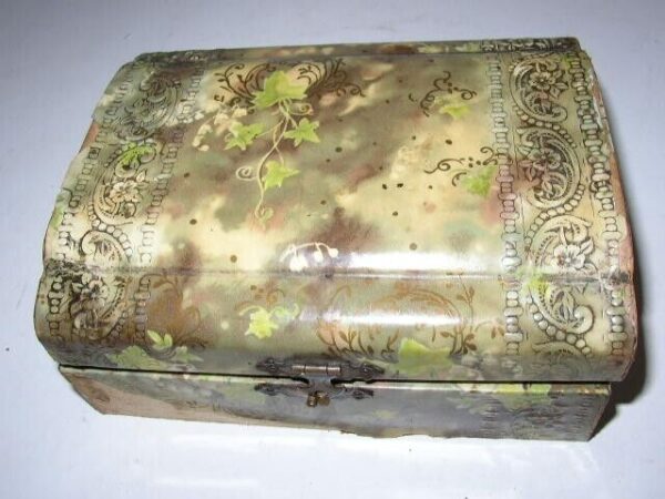 .Antique, Green Floral Celluloid Jewelry Casket or Trinket Box