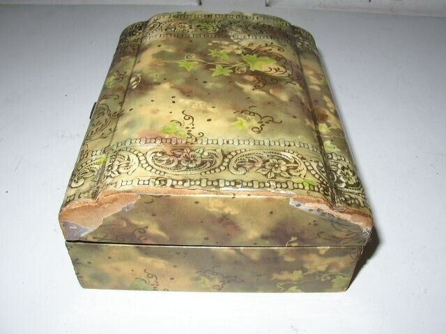 .Antique, Green Floral Celluloid Jewelry Casket or Trinket Box