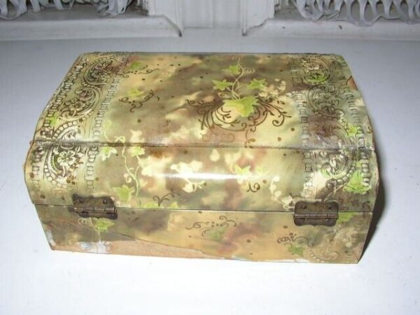 .Antique, Green Floral Celluloid Jewelry Casket or Trinket Box