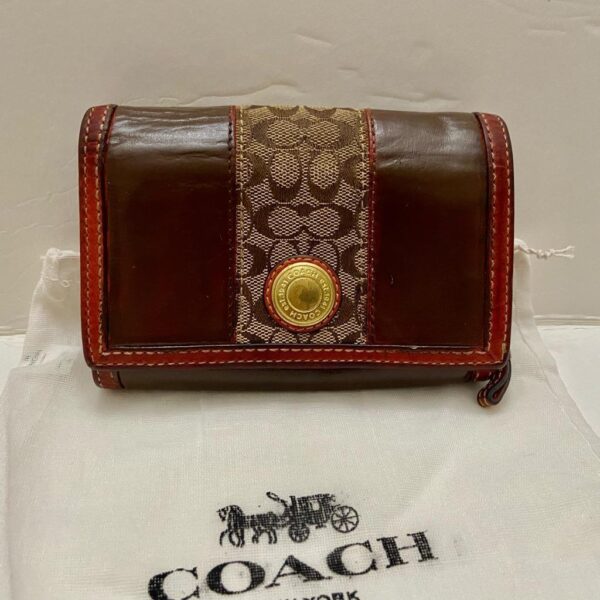 Coach Brown Mono-Brown Leather, Trim-Bifold Compact Wallet with Dust Bag 6inx4in