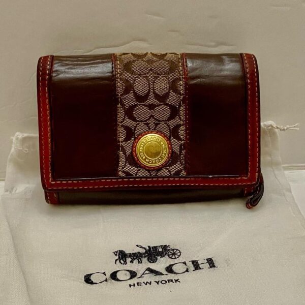 Coach Brown Mono-Brown Leather, Trim-Bifold Compact Wallet with Dust Bag 6inx4in