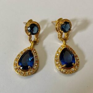 Vintage, Gold Tone, Blue Sapphire Dangling-Pierced Earrings