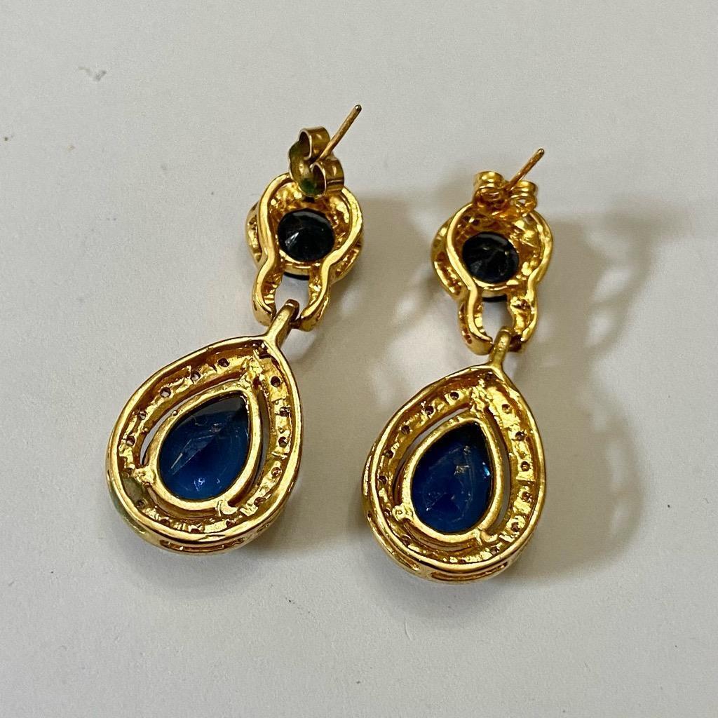 Vintage, Gold Tone, Blue Sapphire Dangling-Pierced Earrings