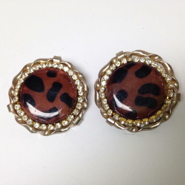 Vintage, Rare 1950s, Gold Tone, Leopard-Rhinestones Clip Earrings