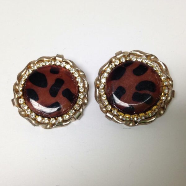 Vintage, Rare 1950s, Gold Tone, Leopard-Rhinestones Clip Earrings