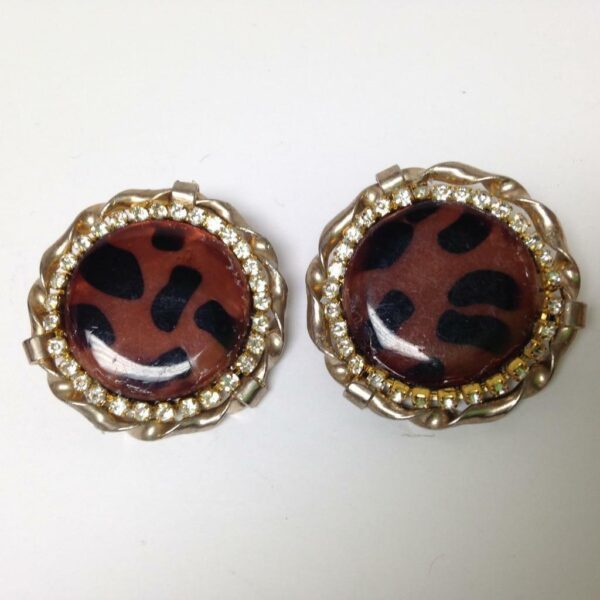 Vintage, Rare 1950s, Gold Tone, Leopard-Rhinestones Clip Earrings