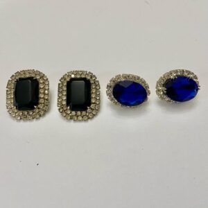 Vintage, Silver Tone, 2 Pairs of Black and Blue Rhinestone Pierced Earrings