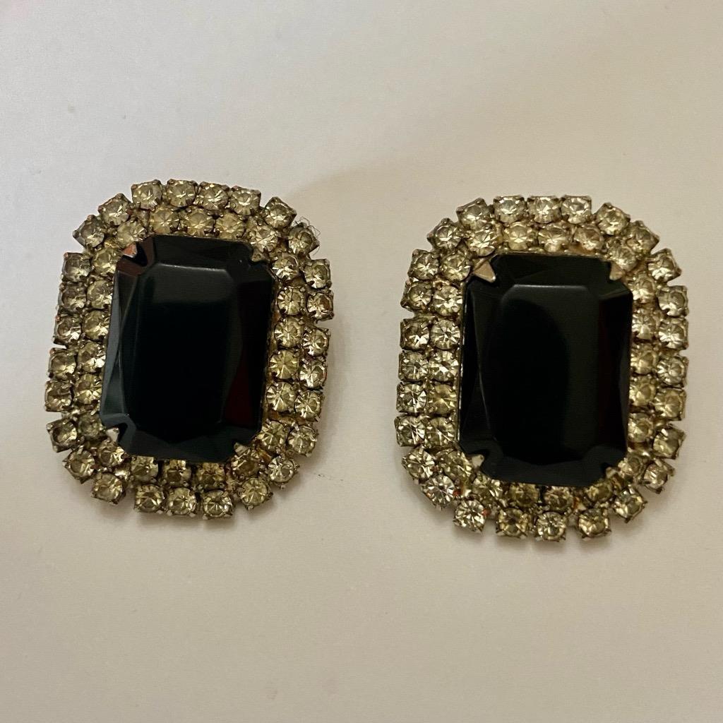 Vintage, Silver Tone, 2 Pairs of Black and Blue Rhinestone Pierced Earrings