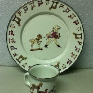 Vintage, 2-pc Child's Tea Set- Beige Enamelware with Girl and Horses Pull Toy