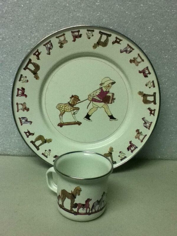 Vintage, 2-pc Child's Tea Set- Beige Enamelware with Girl and Horses Pull Toy