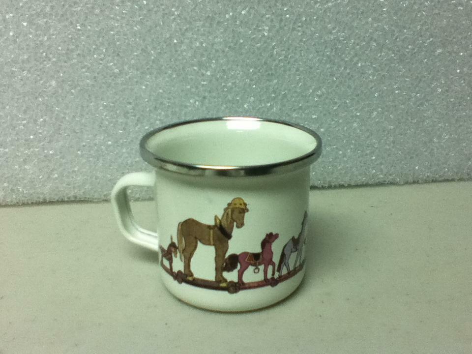 Vintage, 2-pc Child’s Tea Set- Beige Enamelware with Girl and Horses Pull Toy