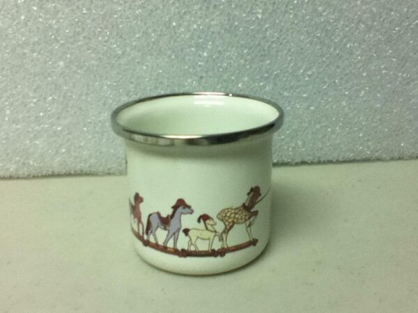 Vintage, 2-pc Child's Tea Set- Beige Enamelware with Girl and Horses Pull Toy