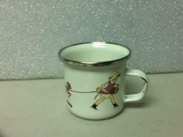 Vintage, 2-pc Child's Tea Set- Beige Enamelware with Girl and Horses Pull Toy