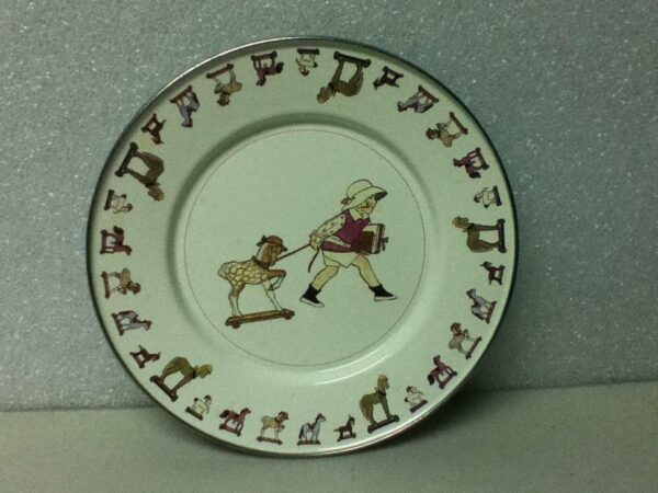 Vintage, 2-pc Child's Tea Set- Beige Enamelware with Girl and Horses Pull Toy