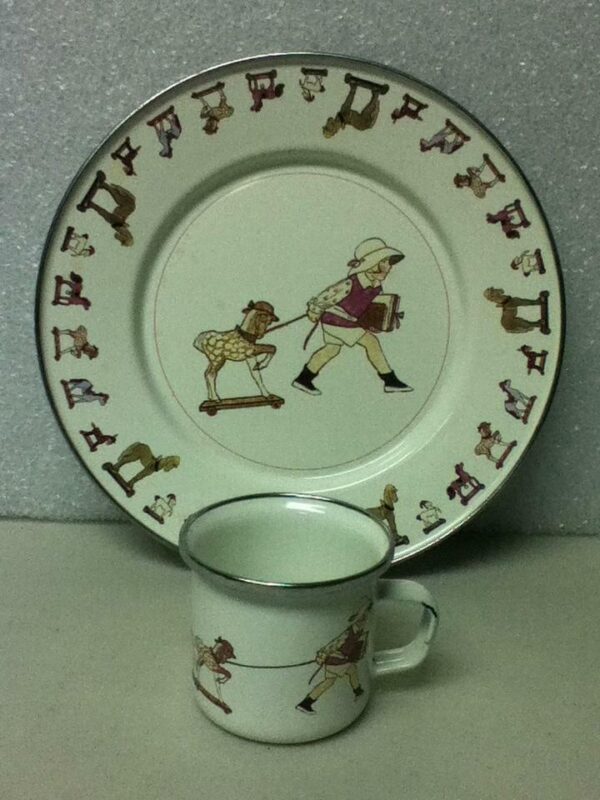 Vintage, 2-pc Child's Tea Set- Beige Enamelware with Girl and Horses Pull Toy