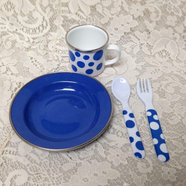 White and Blue Polka Dot, Childs Enamelware 4pc Dinner or Dish Set