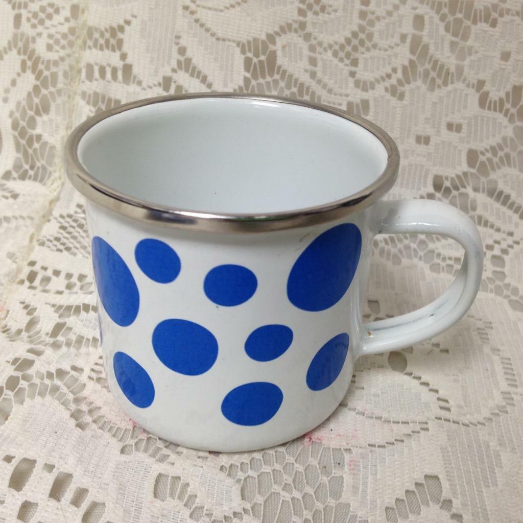 White and Blue Polka Dot, Childs Enamelware 4pc Dinner or Dish Set