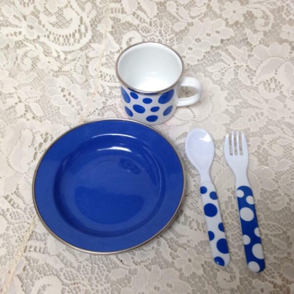 White and Blue Polka Dot, Childs Enamelware 4pc Dinner or Dish Set