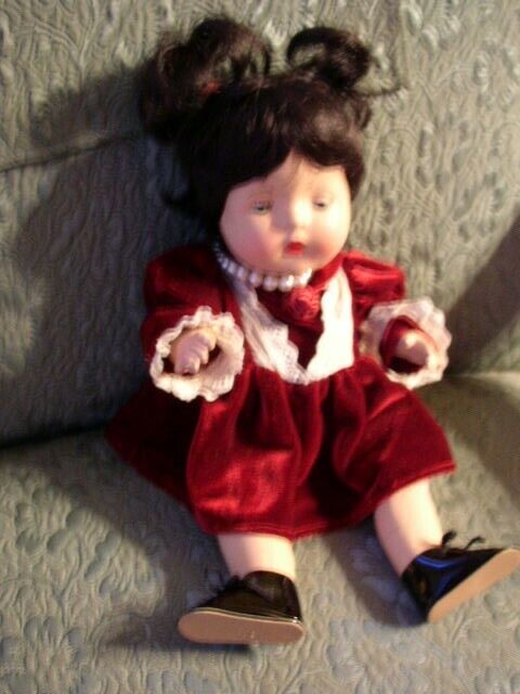 Vintage, 12″ Composition Baby Doll in Burgundy Velvet Dress