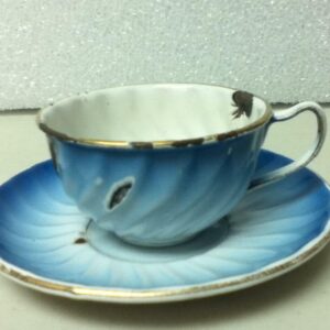 Antique, Rare 2-pc Child’s Flow Blue Enamelware Cup and Saucer -C