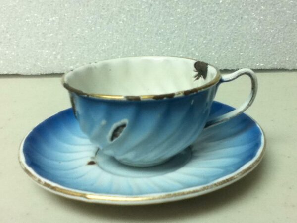 Antique, Rare 2-pc Child’s Flow Blue Enamelware Cup and Saucer -C