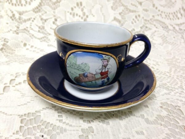 Antique, Rare, German Cobalt Blue Enamelware, 2pc Childs Cup and Saucer (B)