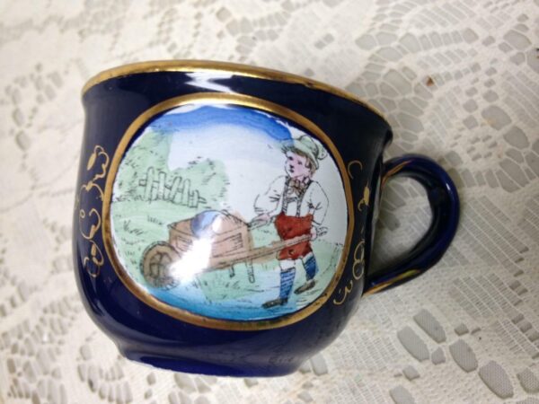 Antique, Rare, German Cobalt Blue Enamelware, 2pc Childs Cup and Saucer (B)