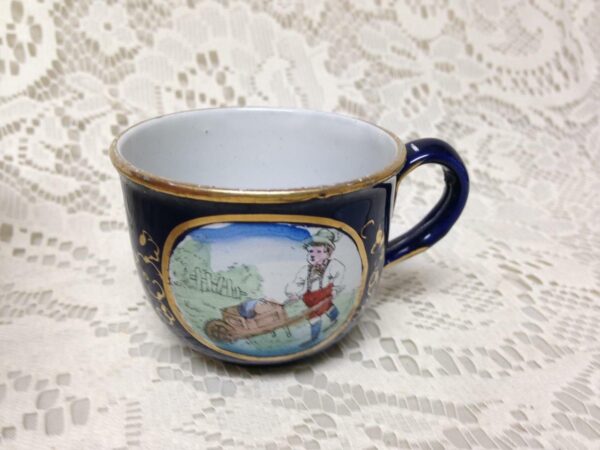 Antique, Rare, German Cobalt Blue Enamelware, 2pc Childs Cup and Saucer (B)