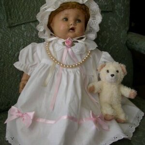 1920-30s 18-inch Composition Doll In White Dress-Bonnet