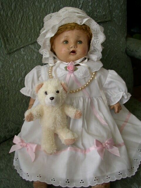 1920-30s 18-inch Composition Doll In White Dress-Bonnet