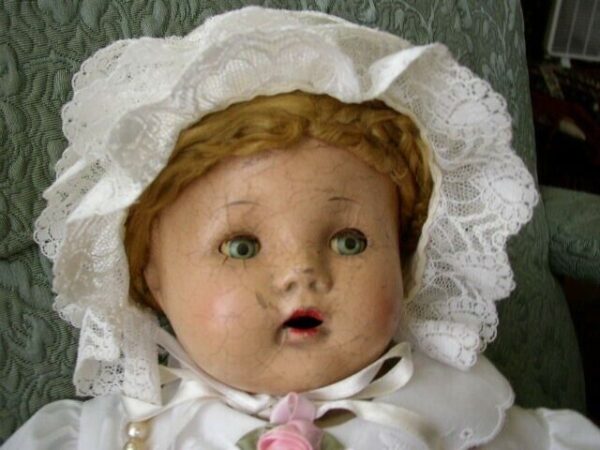 1920-30s 18-inch Composition Doll In White Dress-Bonnet