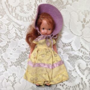 Vintage, 1930s 5.5in Nancy Ann Story Book Bisque Doll- Yellow Dress n Purple Hat