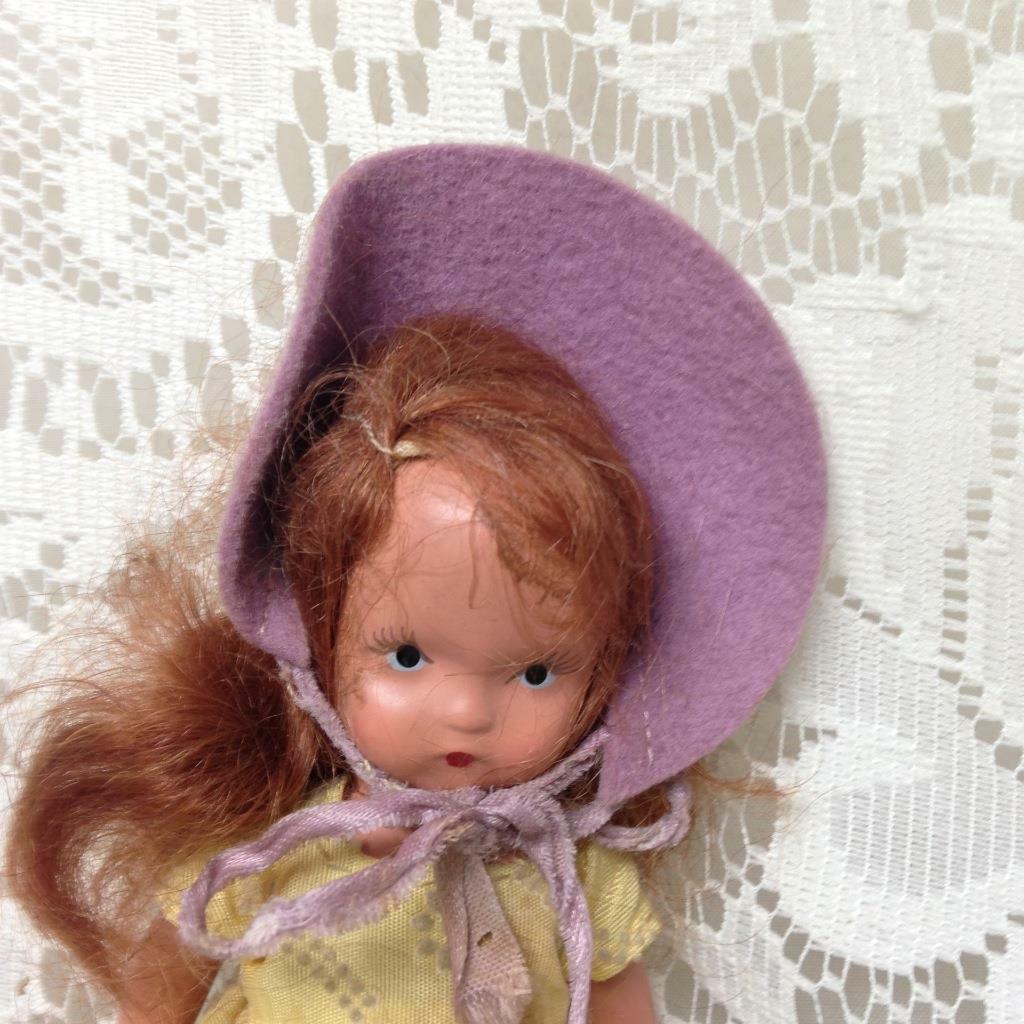 Vintage, 1930s 5.5in Nancy Ann Story Book Bisque Doll- Yellow Dress n Purple Hat