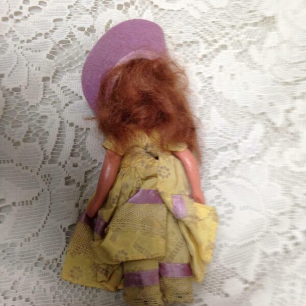 Vintage, 1930s 5.5in Nancy Ann Story Book Bisque Doll- Yellow Dress n Purple Hat