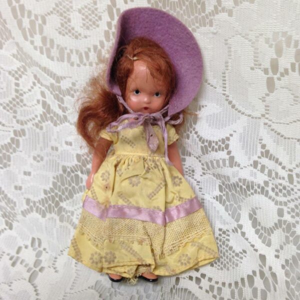 Vintage, 1930s 5.5in Nancy Ann Story Book Bisque Doll- Yellow Dress n Purple Hat