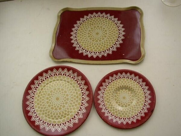 Vintage, Rare Doilies, 4-pc Child's Tin Tea Set