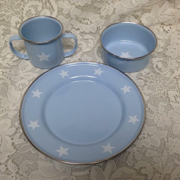 Blue Star, Childs 3-pc Enamelware Cup, Bowl and Plate Set in Orig. Box