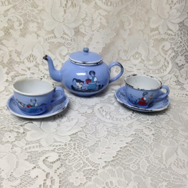 Antique, Rare, Germany, Sky Blue Enamelware, 6pc Childs Tea Set