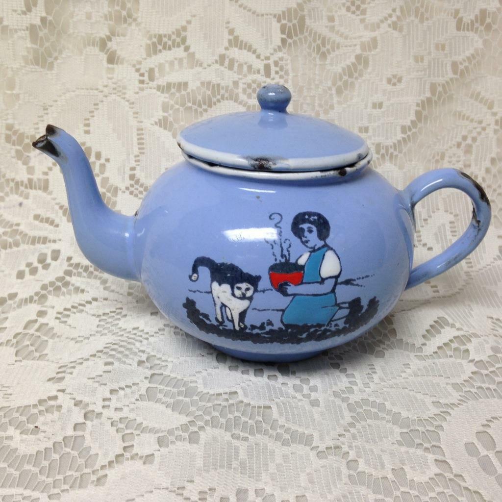 Antique, Rare, Germany, Sky Blue Enamelware, 6pc Childs Tea Set