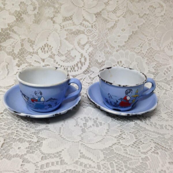 Antique, Rare, Germany, Sky Blue Enamelware, 6pc Childs Tea Set