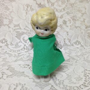 Antique, Made in Japan, 5.25in Bisque, Googly-eyed Doll in Green Dress