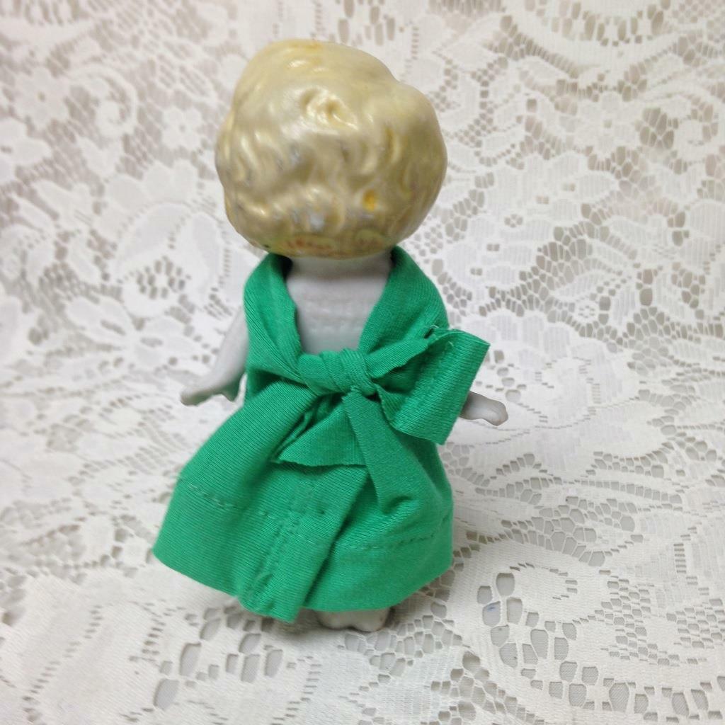 Antique, Made in Japan, 5.25in Bisque, Googly-eyed Doll in Green Dress