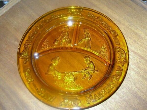 Vintage Nursery Rhyme Amber Glass, 8.5in Divided Plate